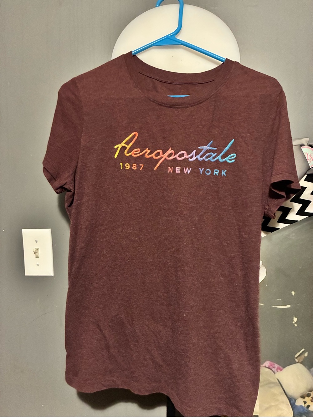 Aeropostale Maroon Short Sleeve Tee with Multicolor Script Logo